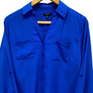 Talbots Petites Blue Button Front Pocket Long Sleeve Shirt Women MP Wicking